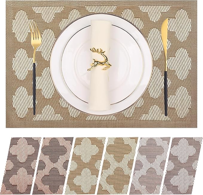 Elegant Placemats Vinyl Woven Heat-Resistant Placemats Set of 8 Washable Easy to Clean Table Mats for Dining Room and Decorate (Gold)