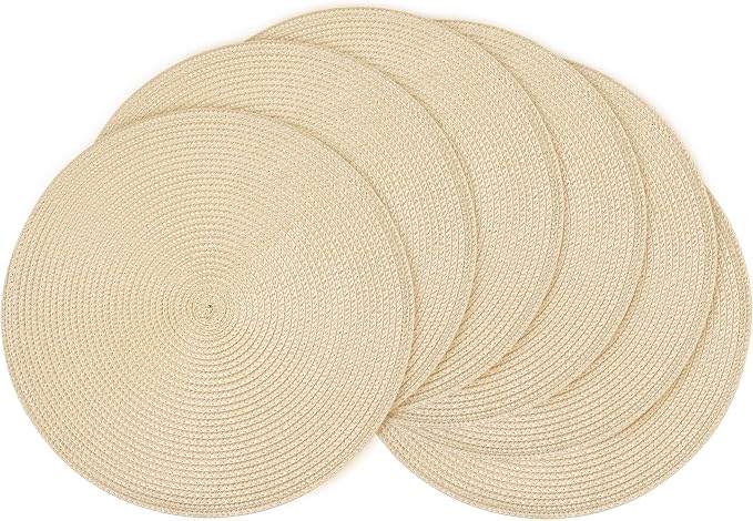 Feuille Round Braided Placemats Set of 6 Place Mats for Dining Table Woven Washable Non-Slip Table Mats 13.5 Inch Beige 6pcs