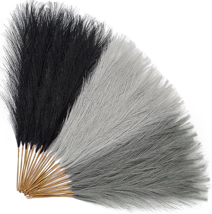Alecono Pampas Grass 17.7in 𝟯𝟬𝙋𝙘𝙨 , Black Pampas Grass Decor for Home Decoration, Faux Pampas Grass Wall Decor for Wedding Centerpieces Party Decorations (Black, Grey)