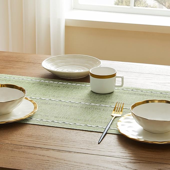 Hemstitched Farmhouse Table Runner, Sage Green 13x108 Inch, Cotton Linen Table Runners 108 Inches Long, Embroidered Striped Sage Green Boho Table Runner Rustic Home Decor