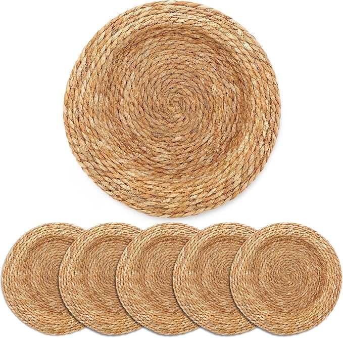LemonRoad 13 Inch Boho Placemats Set of 6 Large Round Farmhouse Chargers Plate Mats Cattail Weave Woven Table Mats for Dining Plates Rustic Home Kitchen Wedding Party Table Decor