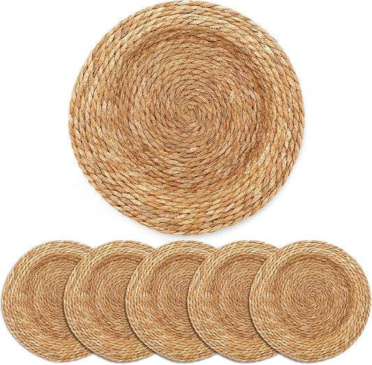 LemonRoad 13 Inch Boho Placemats Set of 6 Large Round Farmhouse Chargers Plate Mats Cattail Weave Woven Table Mats for Dining Plates Rustic Home Kitchen Wedding Party Table Decor