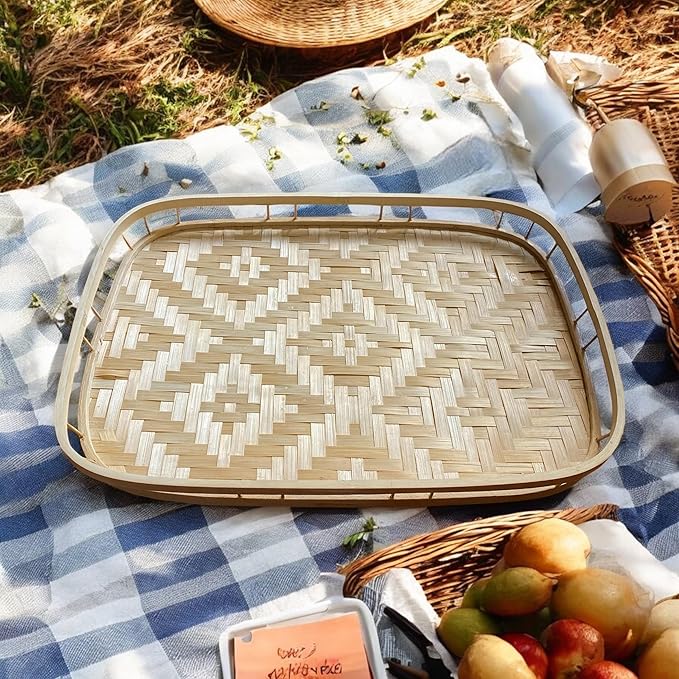 Set of 4 pcs Rectangular Bamboo Wicker Serving Trays with Handles, Handwoven Coffee Trays for Coffee, Breakfast, Bread, Food, Dish and Decorative Trays for Dining Table