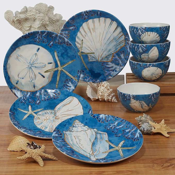 Playa Shells Coastal Ceramic Mugs 18 oz, Set of 4 – Ocean-Themed Coffee Tea Cocoa Cups with Shell & Coral Art – Perfect for Beach House, Nautical Decor, Gifting, Everyday Use, or Hot Beverages