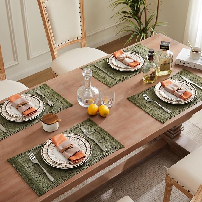ZeeMart Macrame Style Boho Placemats Set of 4, Moss 12x20 Inch | Decorative Farmhouse Table Mats, Natural Cotton Woven Place Mats, Bohemian Home Decor for Kitchen Dining Table