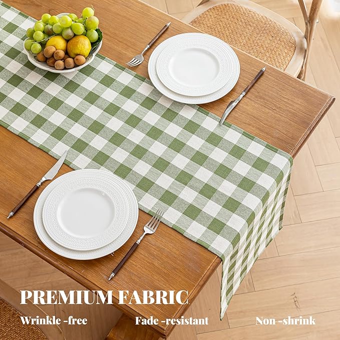 Alsoo Spring Green Gingham Table Runner 13 x 90 inches Long, Cotton Linen Farmhouse Checkered Kitchen Dining Table Decor for Home Party, Wrinkle Free
