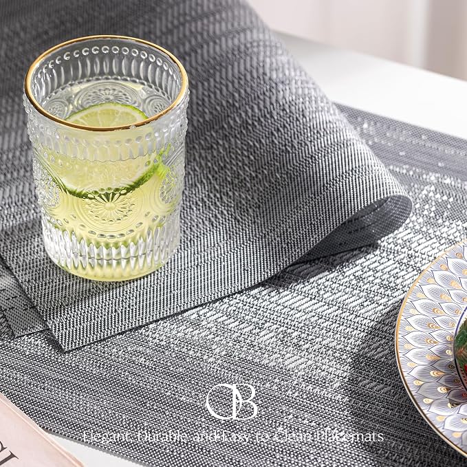 Placemats Set of 4 - Easy Clean Woven Vinyl Placemat for Dining Table, Indoor/Outdoor Place Mats, Washable PVC Table Mats（Gray）