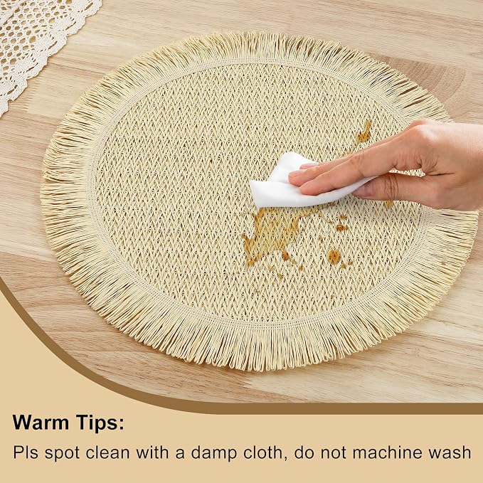 fanquare Boho Round Paper Placemats 15'' Set of 6, Rustic Woven Fade-Safe Tablemats,Braided Placemats for Home, Cafe or Events, Beige