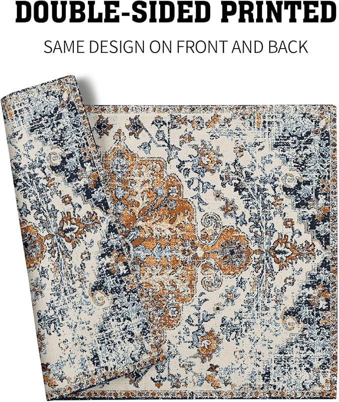 Brown Navy Blue Ethnic Boho Placemats Set of 4 Bohemian Carpet Vintage Gold Black Tan Floral Linen Washable Kitchen Dining Table Mats Stain Heat-Resistant Desktop Place for Home Party 12x18 in