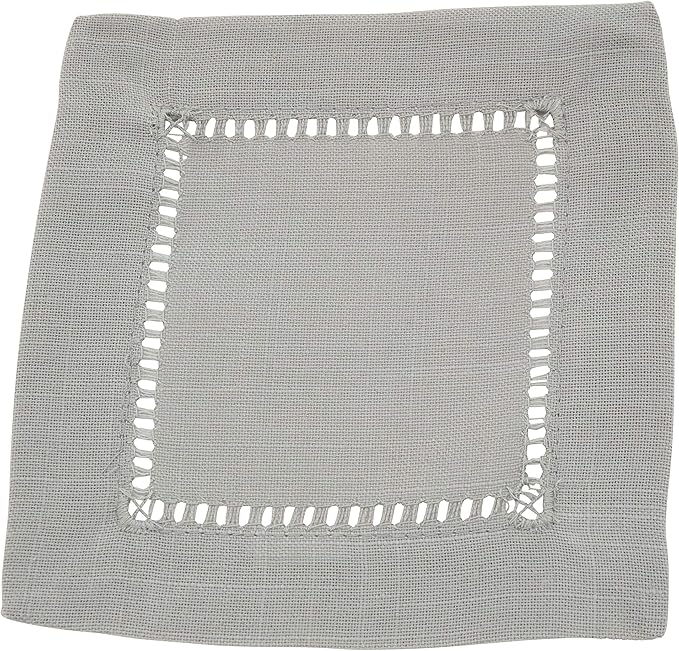 SARO LIFESTYLE Hemstitched Border Cocktail Napkin (Set of 12), Grey, 6"x6"