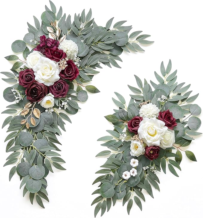Olalaka Artificial Burgundy Flower Swag Set of 2 for Wedding Welcome Signs Floral Decorations, Wedding Arch Flowers for Wedding Ceremony, Ivory Wedding Flower