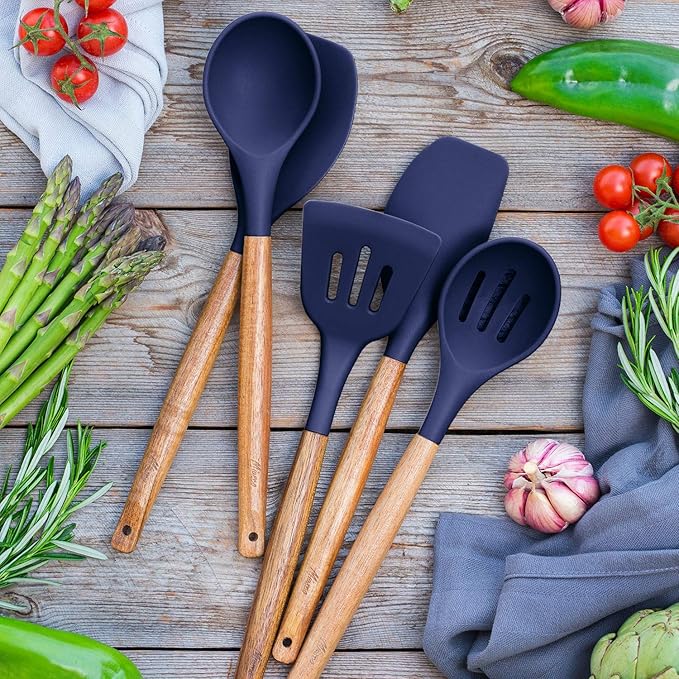 Non-Stick Silicone Kitchen Utensils Set with Natural Acacia Hard Wood Handle, 5 Piece, Midnight Blue, BPA Free, Baking & Serving Silicone Cooking Utensils