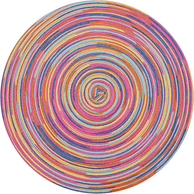 SHACOS 15 inch Round Placemats Set of 6 Variegated Multicolor Place Mats Cotton Polyester Braided Non Slip Washable Heat Resistant Table Mats for Home Wedding Dinner Party Table Decor, Rainbow Pink