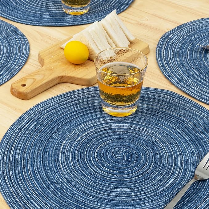 Winknowl Round Braided Placemats Set of 8 Washable Woven Heat Resistant Table Mats for Kitchen Dining Tables 15 inch Round Place Mats (Seascape Blue,8)