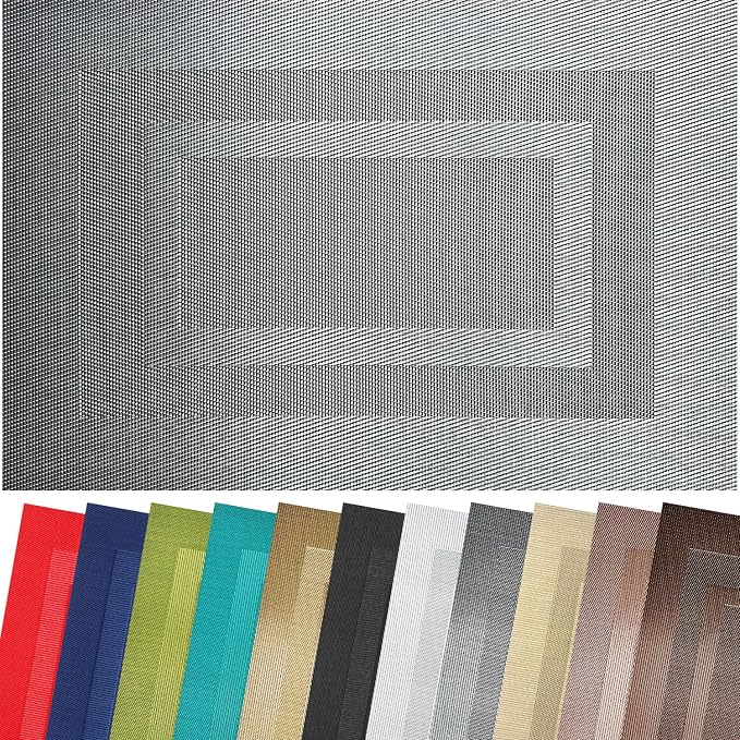 PIGCHCY Placemats Set of 8 Washable Durable Place Mats Vinyl Heat Resistant Non-Slip Table Mats Indoor Outdoor (18 x 12 inches, Silver Black)