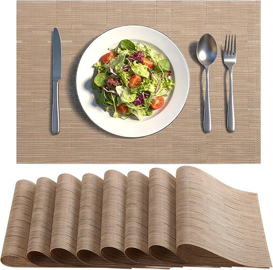 Timeet Placemats Set of 8, Heat Resistant Non-Slip Place Mats, Durable Washable PVC Vinyl Woven Table Mats, Linen Textured Table Placemats for Dining Kitchen Resistant Easy to Clean(Brown)