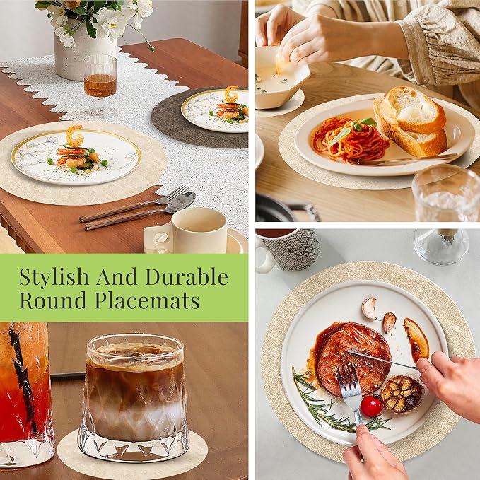 13-Inch Faux Leather Round Placemats Set of 4, Waterproof Anti-Slip Dual Sided Place mats, Heat Resistant Washable Table Mats with Coaster, Suitable for Indoor & Outdoor (4, Beige Dark Coffee)