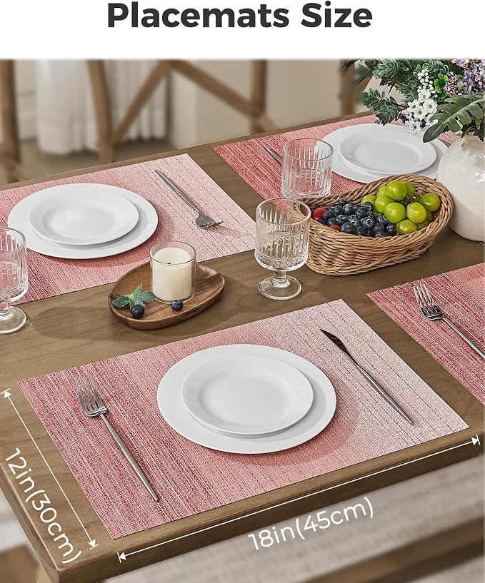 Leetaltree Gradient Pink Woven Placemats Set of 24 - Heat Resistant Non-Slip Place mats for Dining Table, Washable Durable PVC Vinyl Woven Table Mats(Gradient Pink, 24)