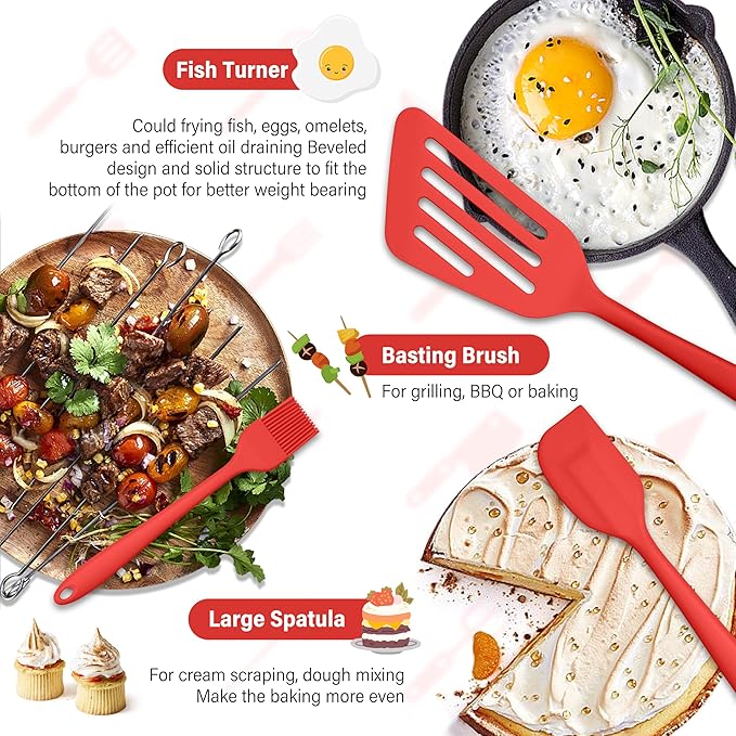 HaWare 11 PCS Silicone Cooking Utensils Set, Heat Resistant Kitchen Utensils with Holder, Food-grade Spatula Sets for Nonstick Cookware, Kitchen Tools Gadgets Include Fish Turner, Spoon (Red)