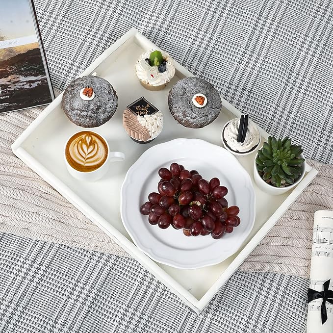 MyGift Vintage Rustic Whitewashed Wood Nesting Serving Trays/Decorative Ottoman Trays with Oval Cutout Handles, Set of 3