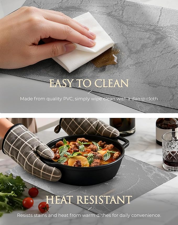 Leetaltree Reversible Marble Placemats Set of 6 – Ships Flat and Stays Flat, Durable Washable Vinyl PVC Placemats, Heat Resistant, Easy Wipe Clean (Gray Marble Pattern)