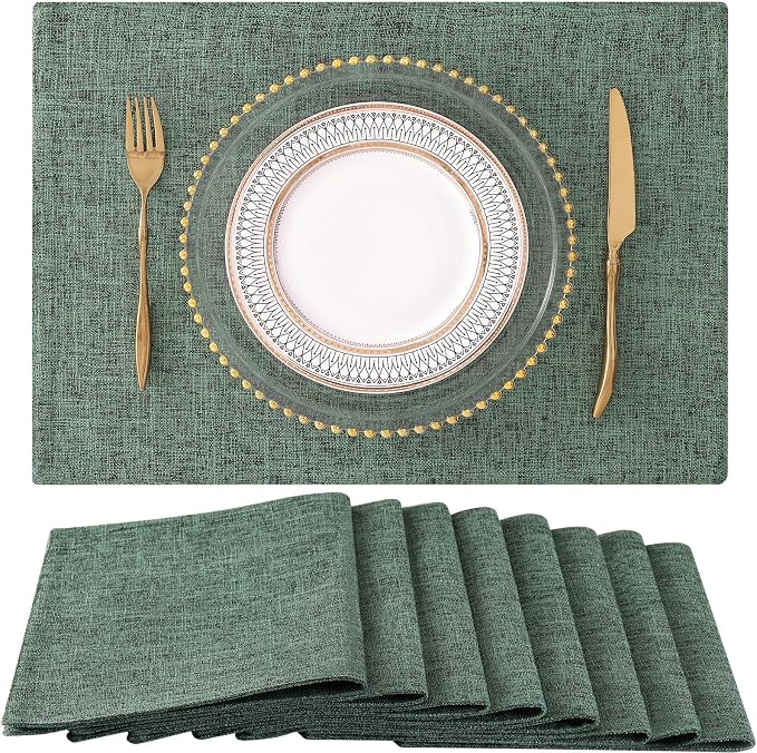 homing Faux Cotton Linen Placemats Set of 8, Cloth Washable Farmhouse Dining Table Mats for Indoors & Outdoors, Easy to Clean, Green, 13 x 19 Inch