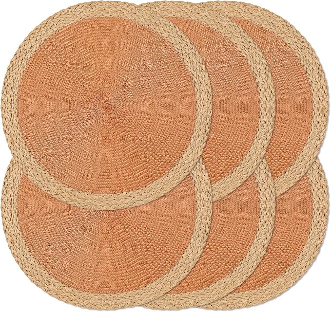 Noctiflorous Braided Round Placemats Set of 6, 15 Inch Woven Table Mats, Non-Slip Washable Wide Edge Place Mats for Kitchen Dining Table Decor (Orange, 6)