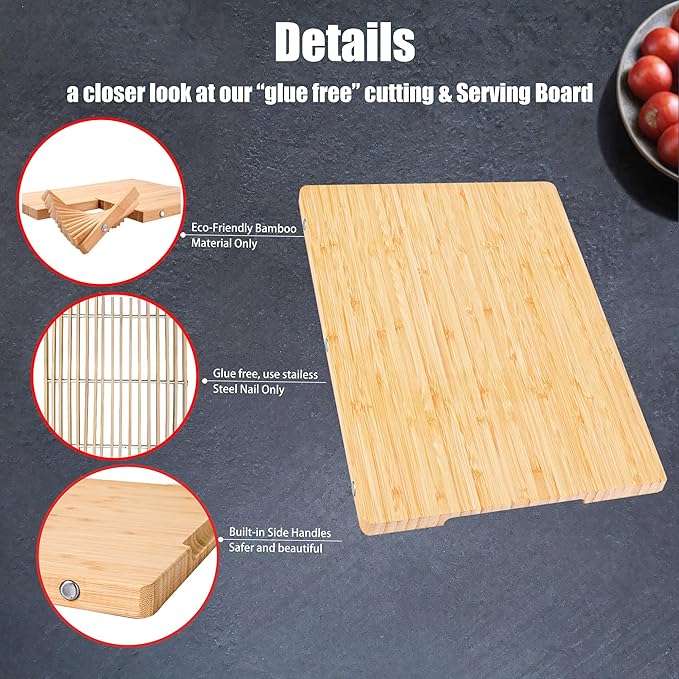 Large Bamboo Cutting Board with Handle – TRULY Non Toxic Glue Free 0.8" Thick Wood Chopping Serving, Pre-Oiled, Kitchen Essential Gift 15.7"x11"/ 40x29cm - Dishwasher Safe [New 2026 Upgrade]
