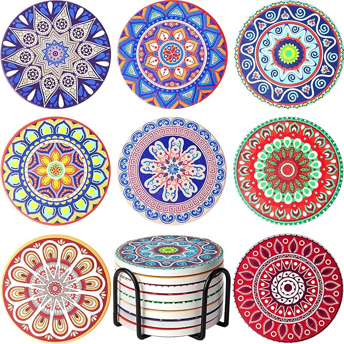 Drink Coasters with Holder Set of 8 Ceramic Boho Mandala Coasters for Drinks Absorbent Stone with Cork Base Colorful Decor for Coffee Beer Mugs Glasses Cups Housewarming Table Desk Protection