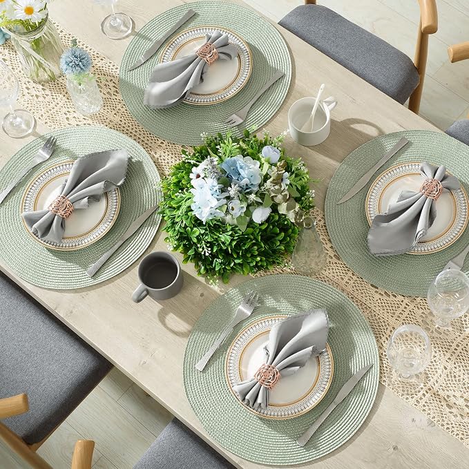AHHFSMEI Round Placemats Set of 8 Heat Resistant Washable Non-Slip Woven Braided Table Mats for Dining Table Kitchen & Home Decor (Sage Green,8)