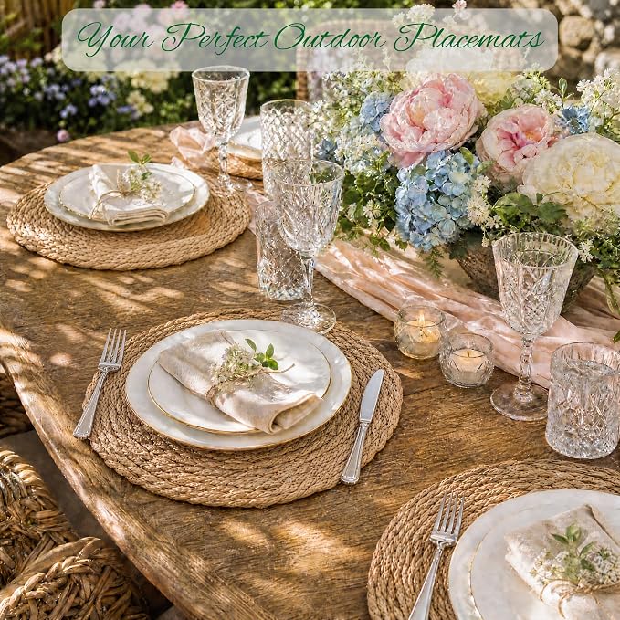 13.8'' Round Woven Placemats Set of 12, Boho Rattan Chargers for Dinner Plates, Rustic Wicker Place Mats, Straw Braided Table Placemats, for Dining Table Decor, Wedding, Farmhouse and Home Decor