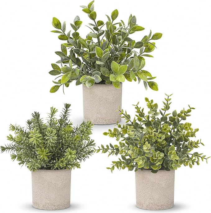 Der Rose 3 Pack Mini Potted Fake Plants Artificial Plastic Eucalyptus Plants Topiaries for Home Office Desk Farmhouse Shelf Room Bathroom Decor(Sage Green)