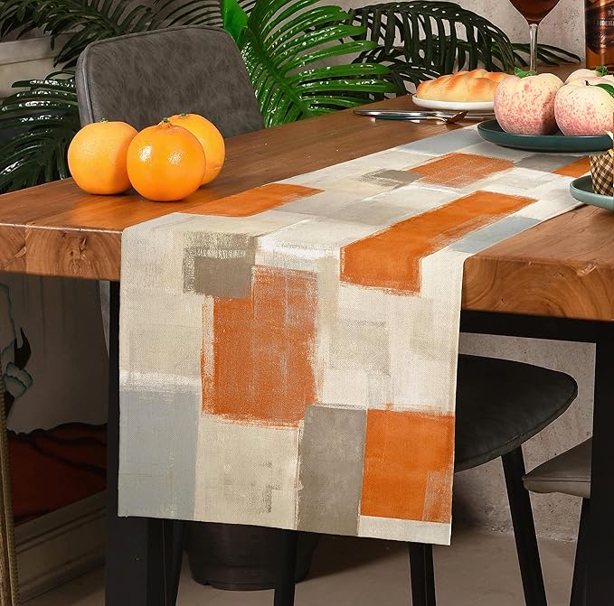Orange Grey Watercolor Table Runner 72 Inches Long, Art Abstract Modern Table Runners for Seasonal Decor Party Kitchen Dining Coffee Table Dressers Wedding Home
