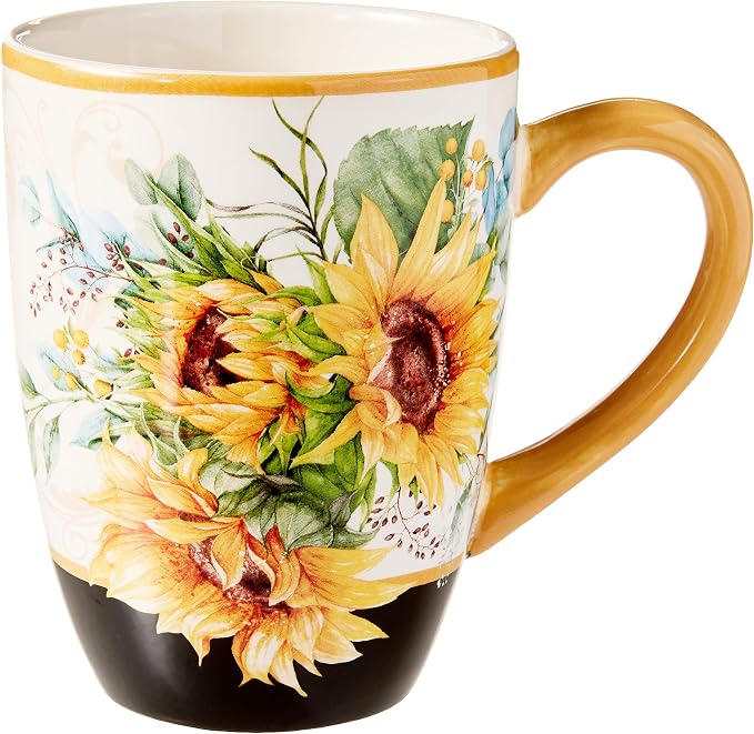 Sunflower Fields Ceramic Mugs, Set of 4 – 18 oz Floral Coffee & Tea Cups with Golden Handles – Great for Brightening Mornings, Hosting Guests, or Gifting Joy