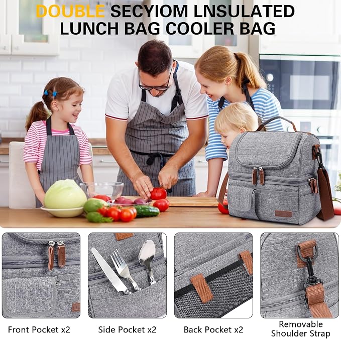 LOKASS Lunch Box for Women-Double Deck Insulated Adults Lunch Bag with Removable Shoulder Strap- Cute Wide Open Lunch Tote for Work/Office/Picnic/Beach/Travel (Gray)