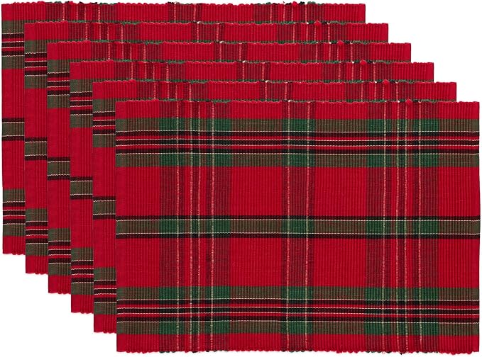 DII Farmhouse Christmas Plaid Dining Table & Kitchen Décor, Holiday Placemat Set, 13x19, Red & Green, 6 Count