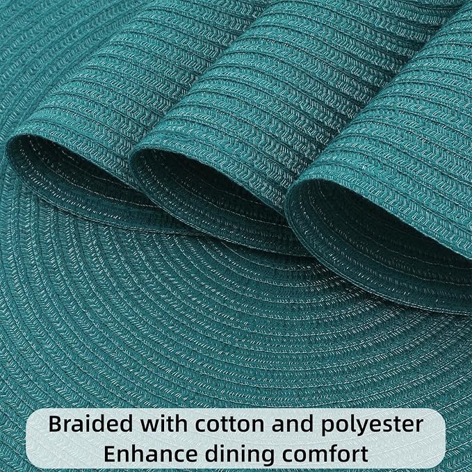 SHACOS Round Placemats Set of 8 Woven Braided Table Placemats 15 inch Circle Place Mats Washable Non Slip Table Mats for Home Wedding Party, Teal Green