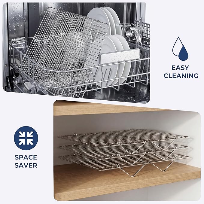 E-far 3-Tier Collapsible Cooling Rack for Cooking and Baking - 15”x10” Stackable Tight-Wire Stainless Steel Cookie Rack for Baking Sheet, Oven, Roasting, Dishwasher Safe & Space Saving