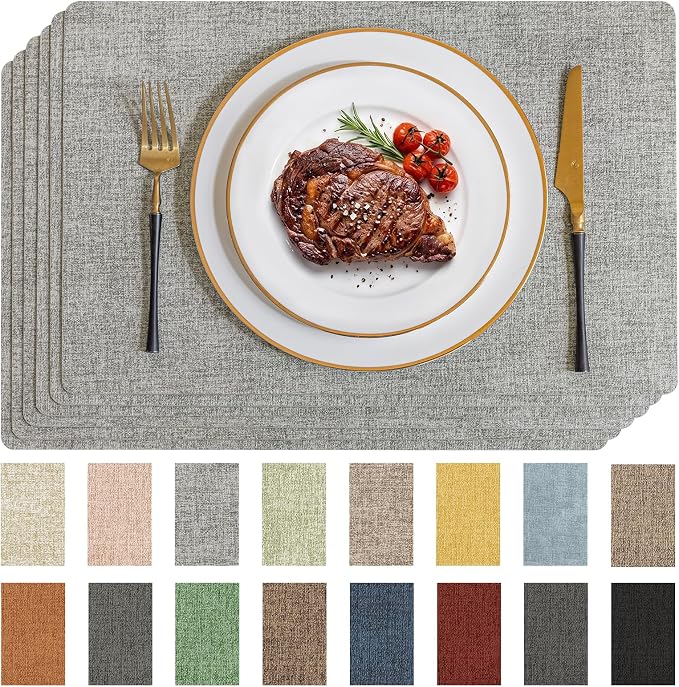 Romanstile Vinyl Placemats Set of 6-12 X 17 Inch - Faux Leather 100% Waterproof Wipeable Anti Slip Place Mats, Heat Resistant Reversible PU Table Mats for Kitchen Dining Party Outdoor, Light Grey