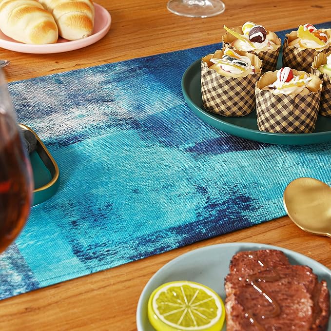 Turquoise Table Runner Teal Abstract Modern Art Painting Blue Table Linen for Farmhouse Kitchen Dining Parties Home Decor 13 x 108 Inch