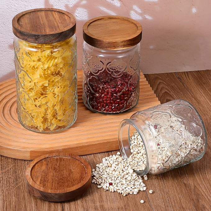 SHENLIU 3Pcs 17/24/34 oz Glass Jar with Airtight Lid, Vintage Food Storage Containers Set Food Jars Canisters for Kitchen Counter Pantry, Sugar, Flour, Candy, Tea, Coffee Beans, Oats, Grain Bin, Pasta