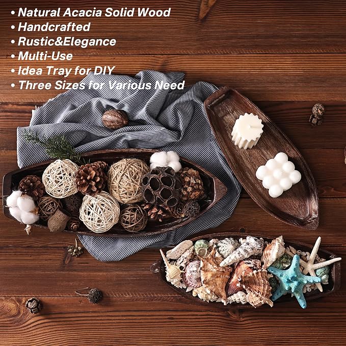 Rustic Wooden Serving Tray, Boat Shape Decorative Tray Vintage Centerpiece, Farmhouse Rustic Trays, Key Tray, Decorative Platter for Countertop Home Decorations- Distressed Brown。(Size L)
