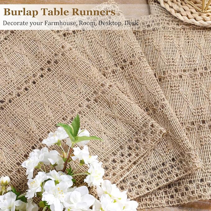 Niviy Burlap Boho Table Runner for Summer Home Decor 90 Inches Long, Easter Rustic Farmhouse Decor Rustic Macrame Woven Coffee Table Runners for Fall Dining Table Decoration, Burlap Brown