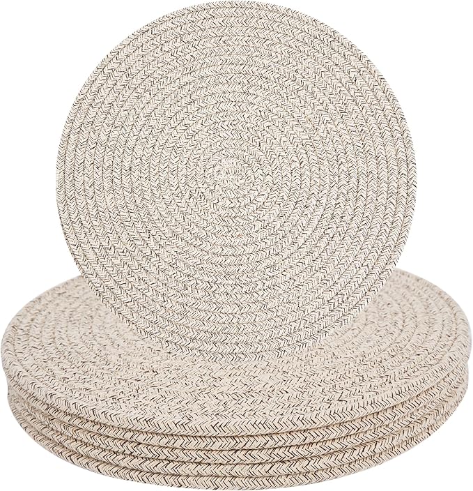 Round Woven Placemats Set of 6, 13.4 Inches Cotton Round Placemats, Heat Resistant Washable Table Mats for Indoor & Outdoor Dining Table Decor