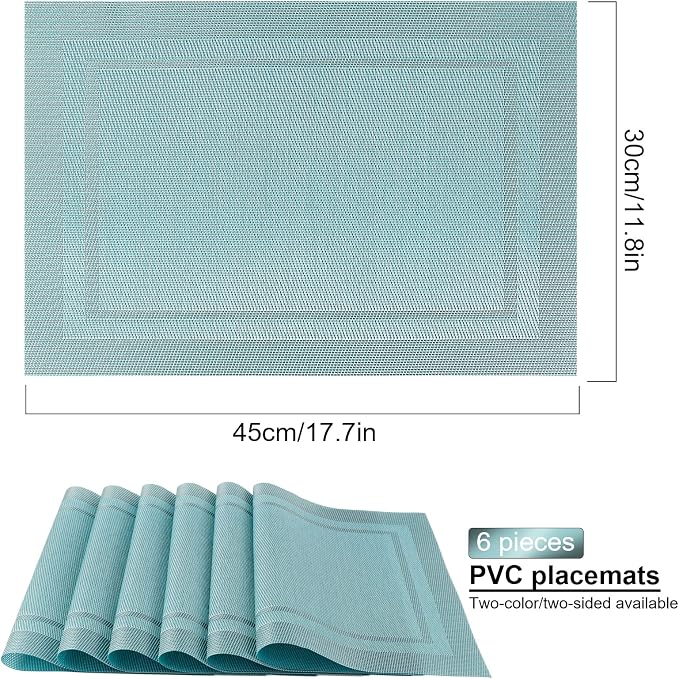 Blue Placemats Set of 6, Woven Vinyl PVC Place Mats for Dining Table, Heat Resistant Washable Table Mats, 17 x 12 in