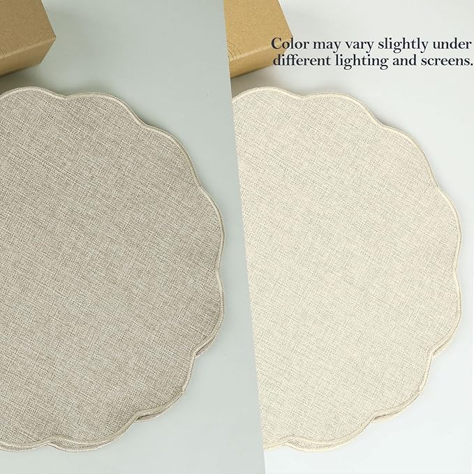 AHHFSMEI Round Faux Linen Placemats Set of 4 Heat Resistant Non-Slip Stain Proof Table Mats for Kitchen Dining Elegant Decor Place Mats (Beige,4)