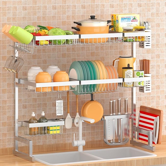 PUSDON Over Sink Dish Drying Rack Stainless Steel, Adjustable Large Dish Drainer for Storage Kitchen Organization Silver 3 Tier - Standard(34"-46")