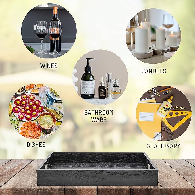 ATZYmolin Wood Serving Tray with Handles, Home Decorative Wooden Rectangle Ottoman Decor Platter Vanity Tray for Breakfast Dinner Drinks Kitchen Dining Living Bathroom Restaurants Black
