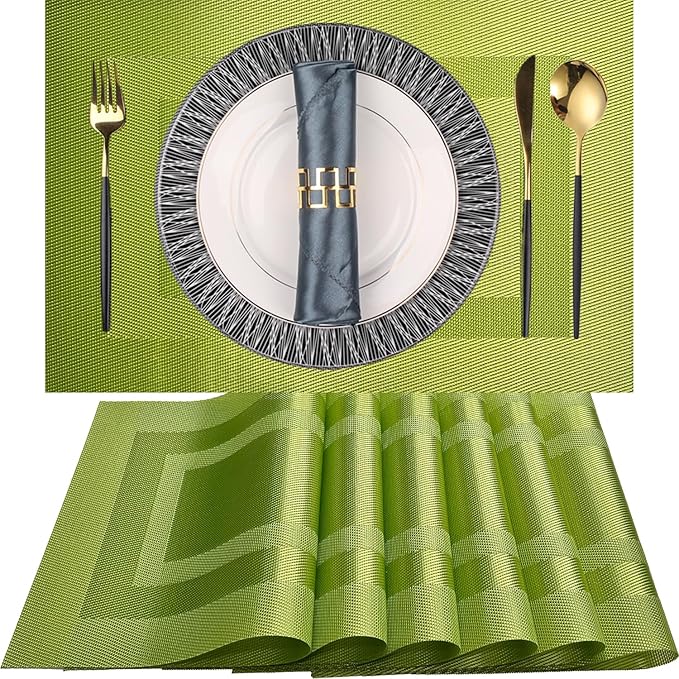 PIGCHCY Placemats Washable Woven Vinyl Durable Placemats for Dining Table,Easy to Clean Plastic Placemats Set of 6 (18 x 12 inches, Lime Green)