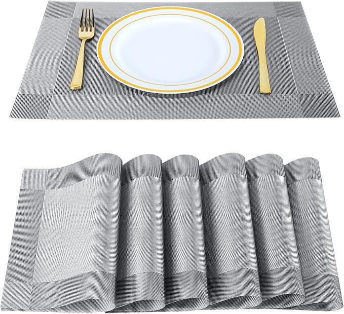 Placemats,Table Place Mats for Kitchen Dining, Heat-Resistant Anti-Skid Stain Washable PVC Table Mats, Easy to Cleaning Woven Vinyl Dinner Mats (Dark Silver, 6 Pack)